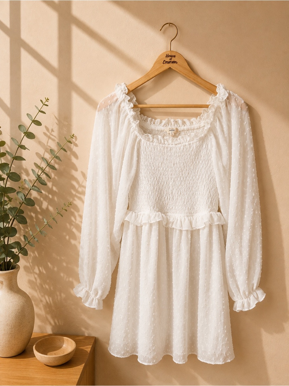 Entro White Smocked Swiss Dot Dress Size L